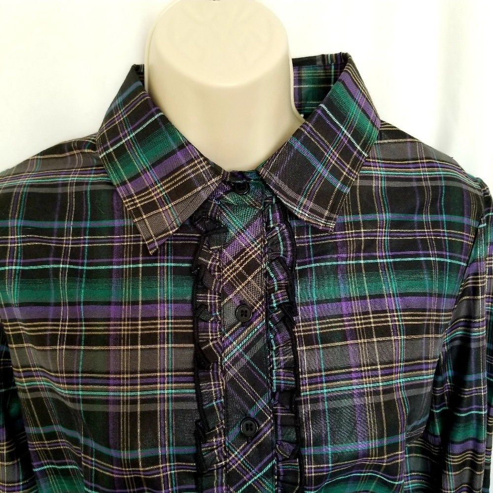Vintage Plaid Ruffle Blouse 70s/80s Black Teal Purple Silver NEW Size Large